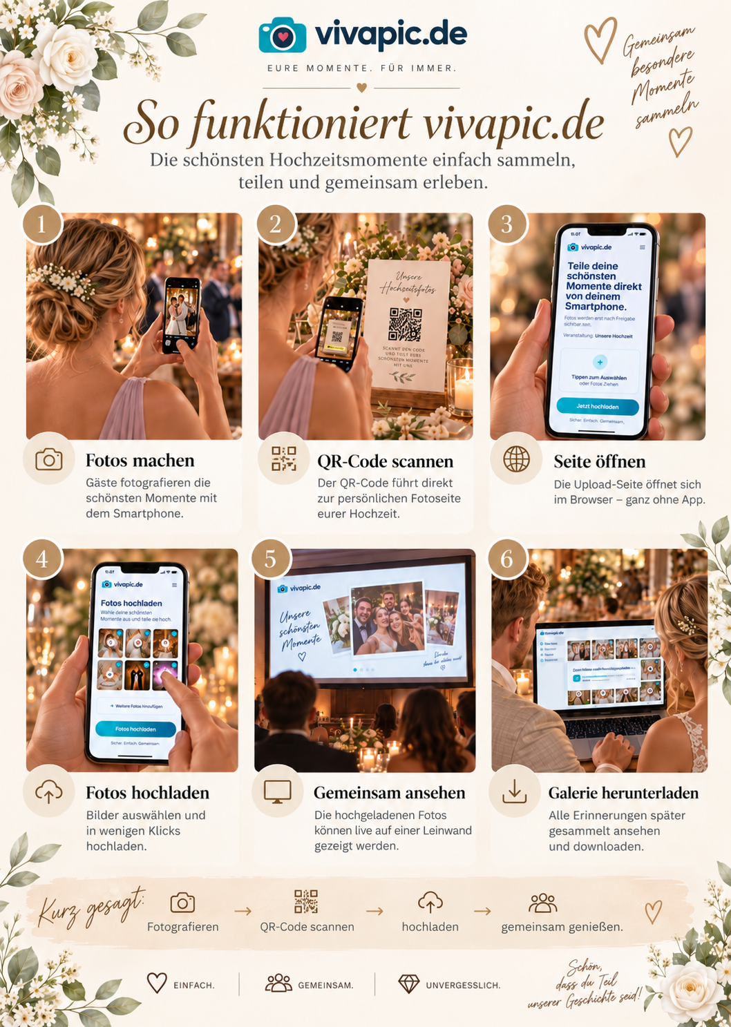 Kurzanleitung: So funktioniert VivaPic in sechs Schritten – fotografieren, QR-Code scannen, Upload-Seite öffnen, Fotos hochladen, gemeinsam ansehen und Galerie herunterladen.